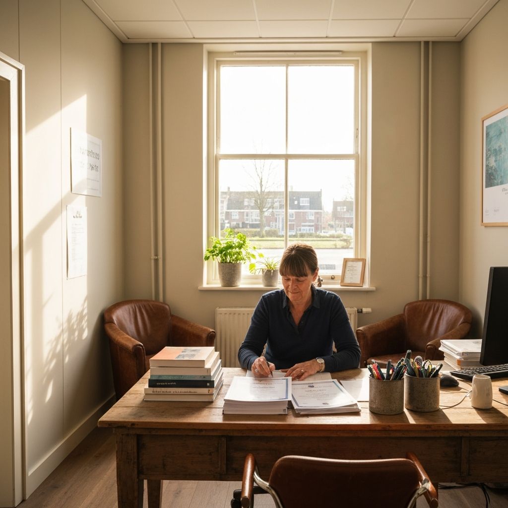 Klein Nederlands opleidingsbedrijf, vrouw werkt aan certificaten achter bureau
