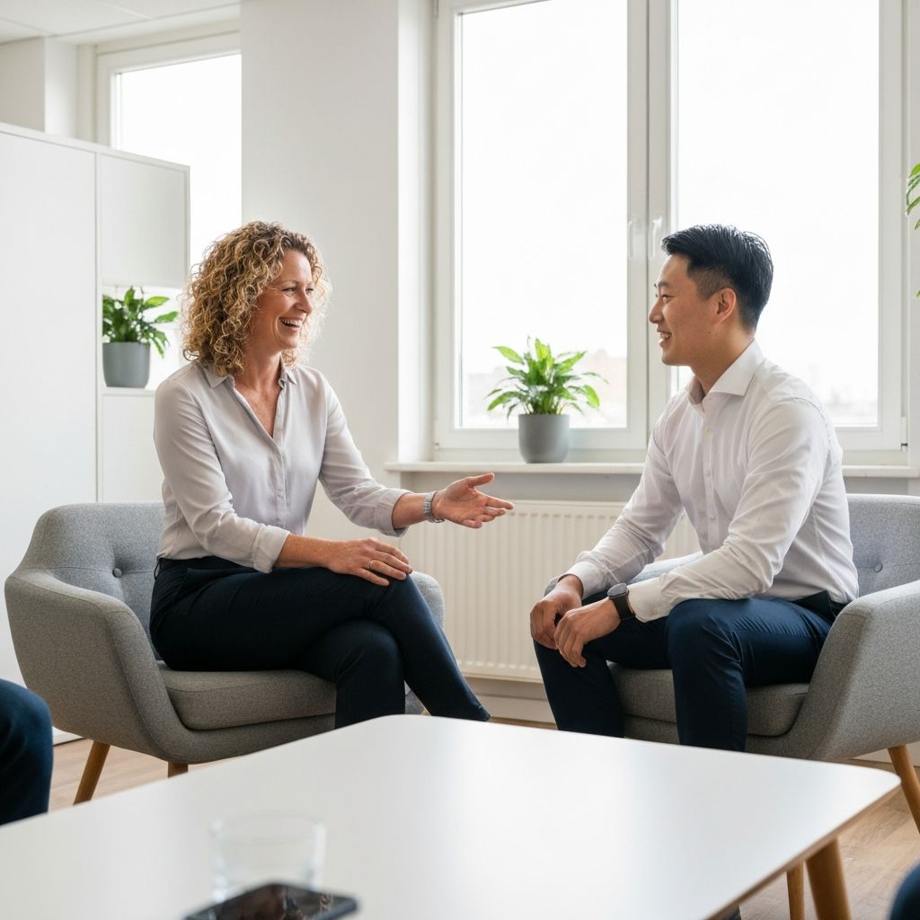 Nederlandse zorgorganisatie onboarding gesprek, HR-manager met nieuwe medewerker