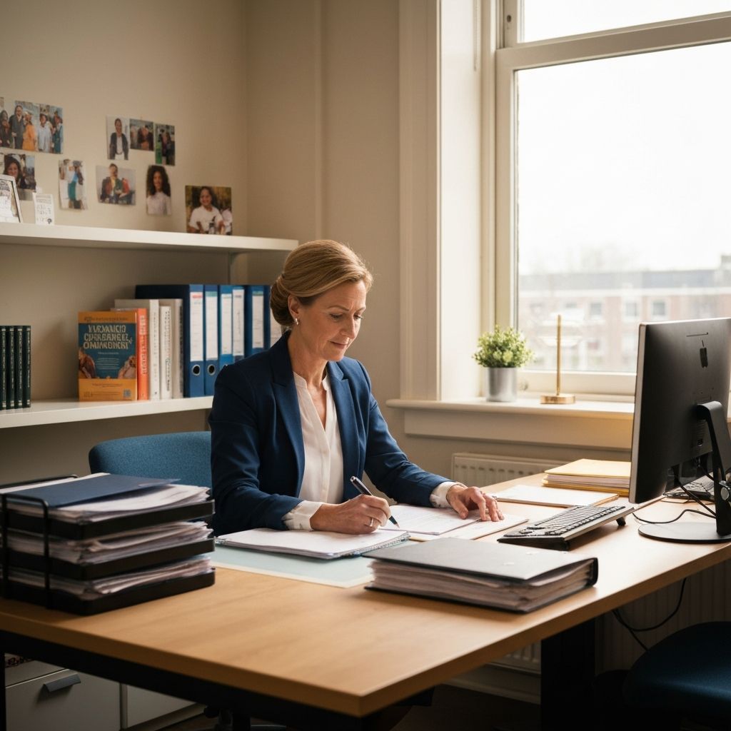 Nederlandse zorgkwaliteitsmanager aan georganiseerd bureau met mappen