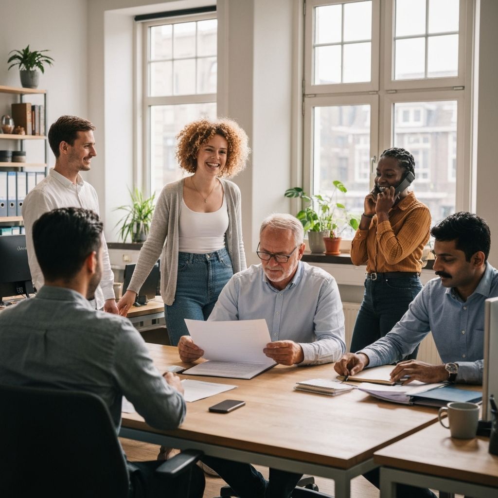 Druk detacheringsbureau met divers team dat samenwerkt